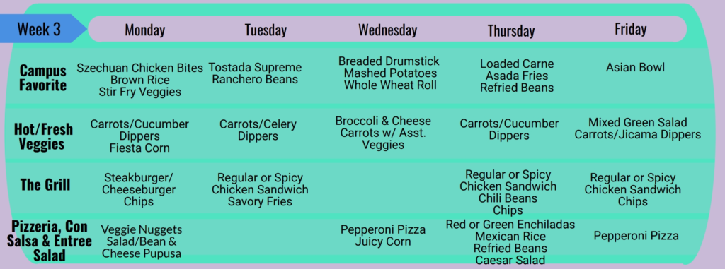 Lunch Menu for 9/18-9/22